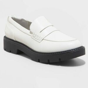 a new day White Leather Penny Loafers with Black Lug Sole
